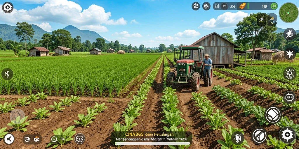 Tampilan gameplay dalam CINA365 saat membangun pertanian yang produktif.