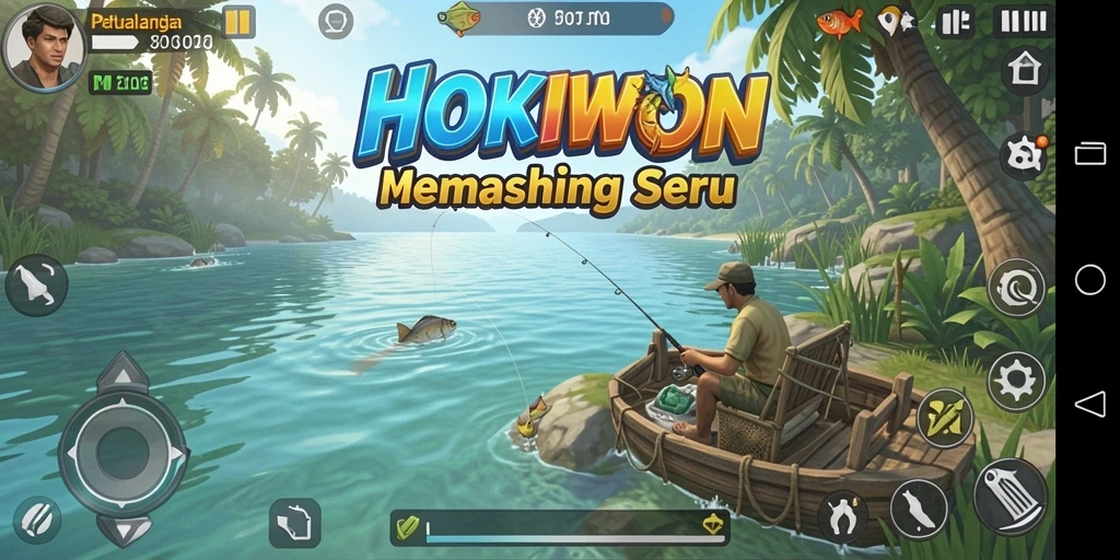 Screenshot gameplay HOKIWON dengan pemandangan memancing yang cantik.