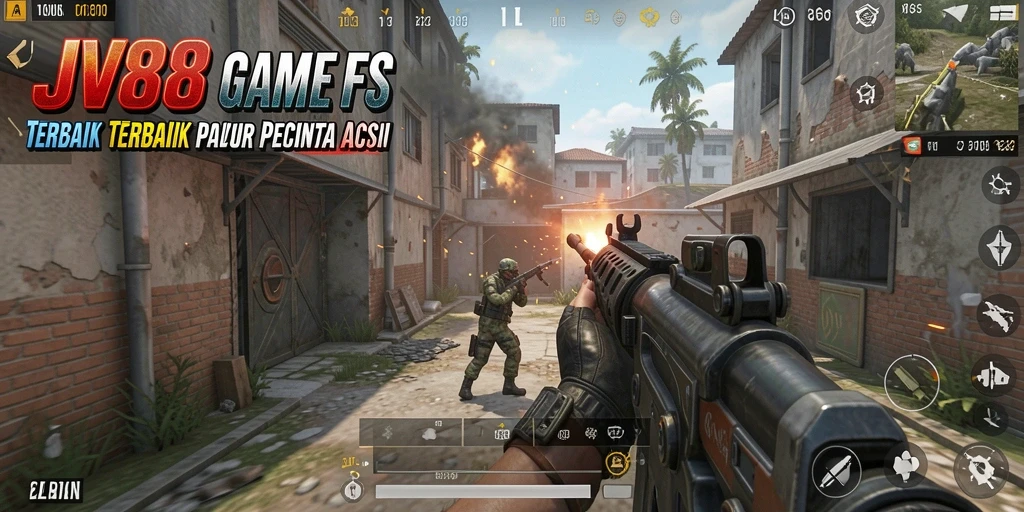 Screenshot menunjukkan momen aksi seru dalam game FPS JV88.