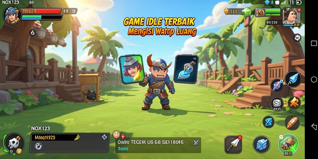 Tampilan gameplay NOX123 yang menarik dengan karakter bekerja secara otomatis.