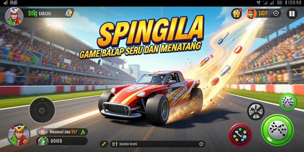 Tangkapan layar gameplay SPINGILA menampilkan balapan mendebarkan di trek berliku.