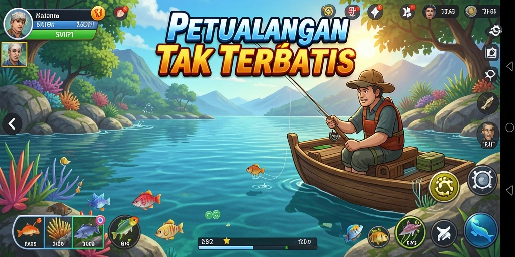Tampilan gameplay SVIP1 saat memancing ikan di laut lepas.